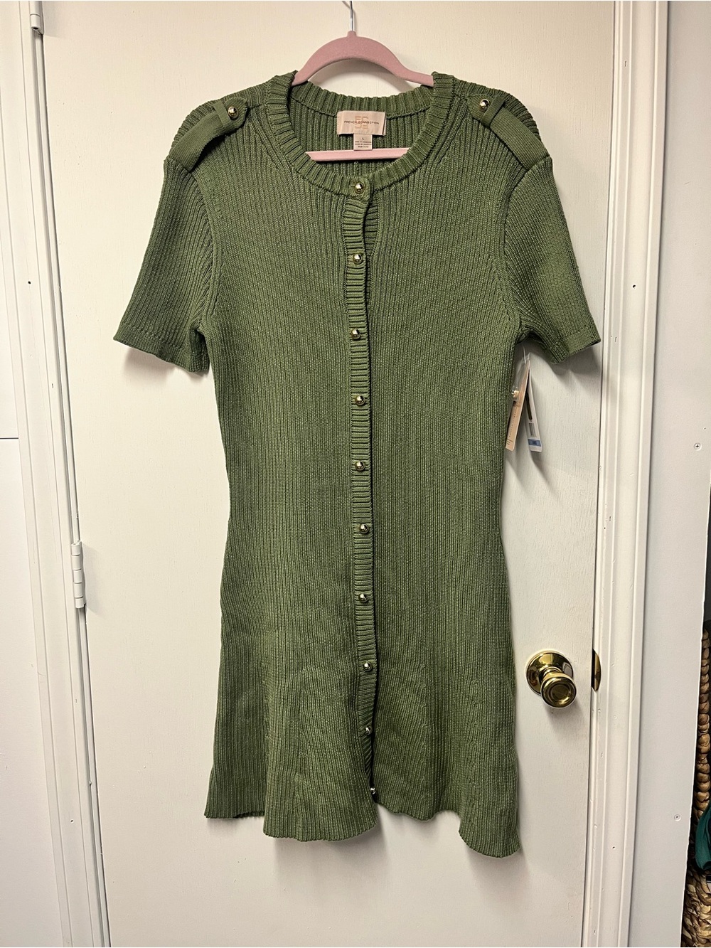 French Connection Olive Green Rib Knit Button Front Mini Dress NWT Large